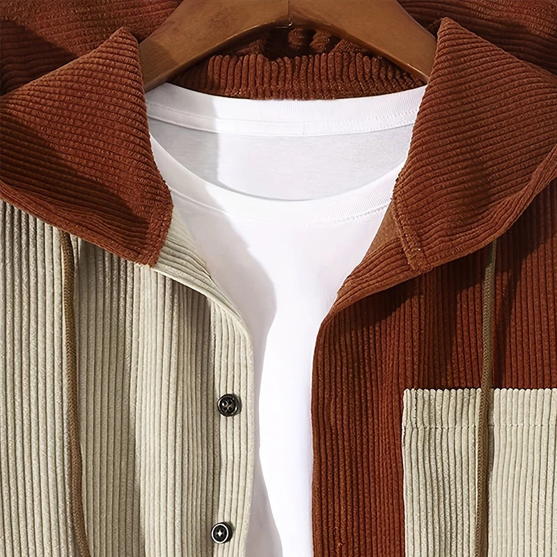 Autumn Men Patchwork Hooded Corduroy Shirts Long Sleeve Beige and Brown Fashion Cardigan Tops Retro Hoodies Premium Daily Blouse