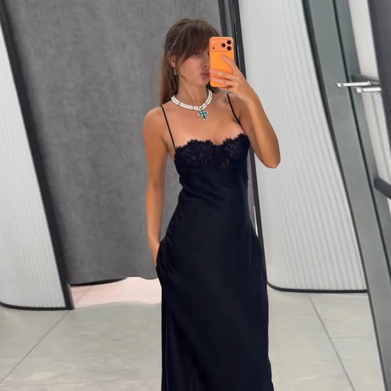 Backless Satin Long Sling Dress Women V Neck Sleeveless Slit Solid Sexy Party Dresses 2026 Summer Lady Vacation Evening Robes
