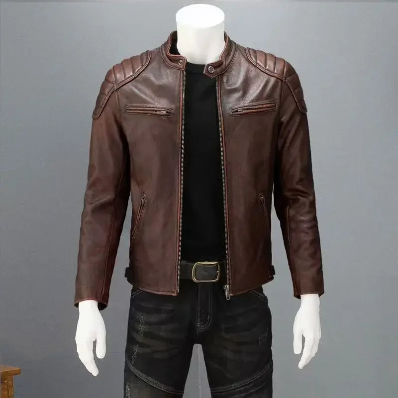 Autumn Winter Youth Mens Cowhide Texture Faux Leather Stand Collar Biker Jacket Retro Color Block Daily Street Casual Outer Coat