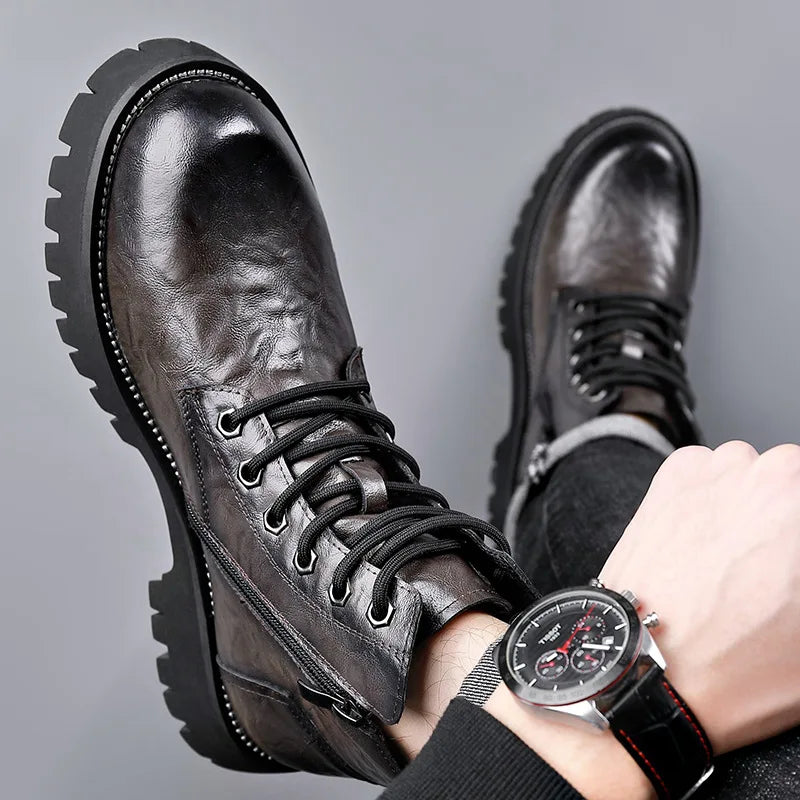 2025 autumn and winter boots men's British style versatile high top leather shoes workwear snow leather boots men's short boots