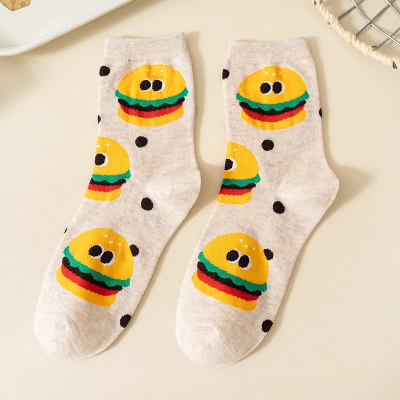 1/5 Pairs Burger Fries Fried Egg Donut Cute Cartoon Anime Breathable Fashion Mid-Calf Socks Unisex