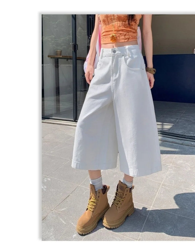 Retro High Waist Wide-leg Jeans Women Summer New Fashion Loose Straight Calf-Length Denim Pants Female Orange Whiter Cowboy Pant