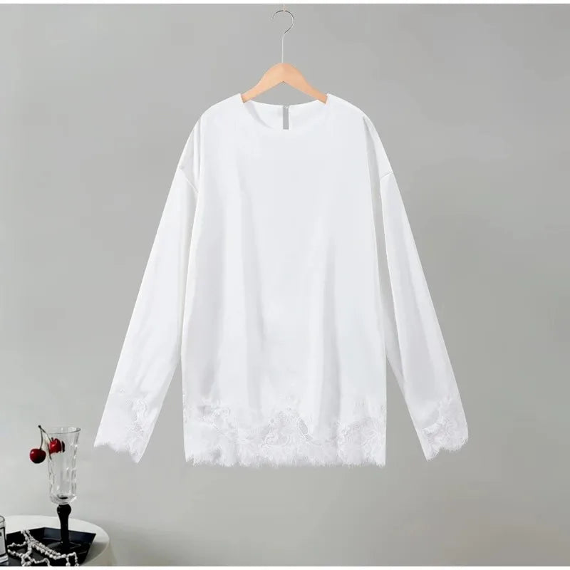 Satin Lace Patchwork Dress Women Long Sleeve O-neck Casual 2026 Spring Female Dresses Casual Solid Beach Robe not contain pearls