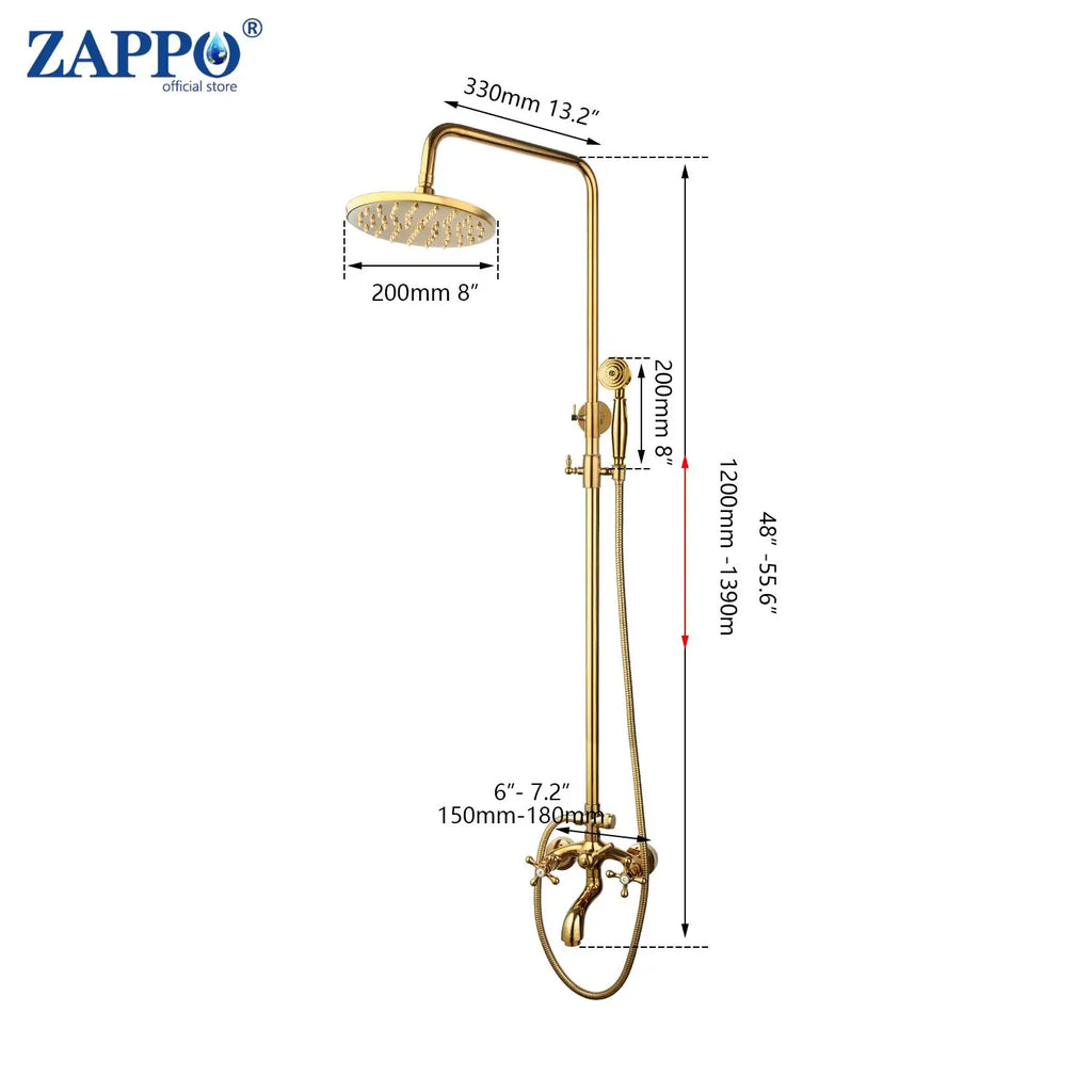 ZAPPO Antique Shower Set Wall Bathroom Bath Shower Faucet Rainfall Brass Shower System with Swivel Spout Mixer Tap Sliding Bar