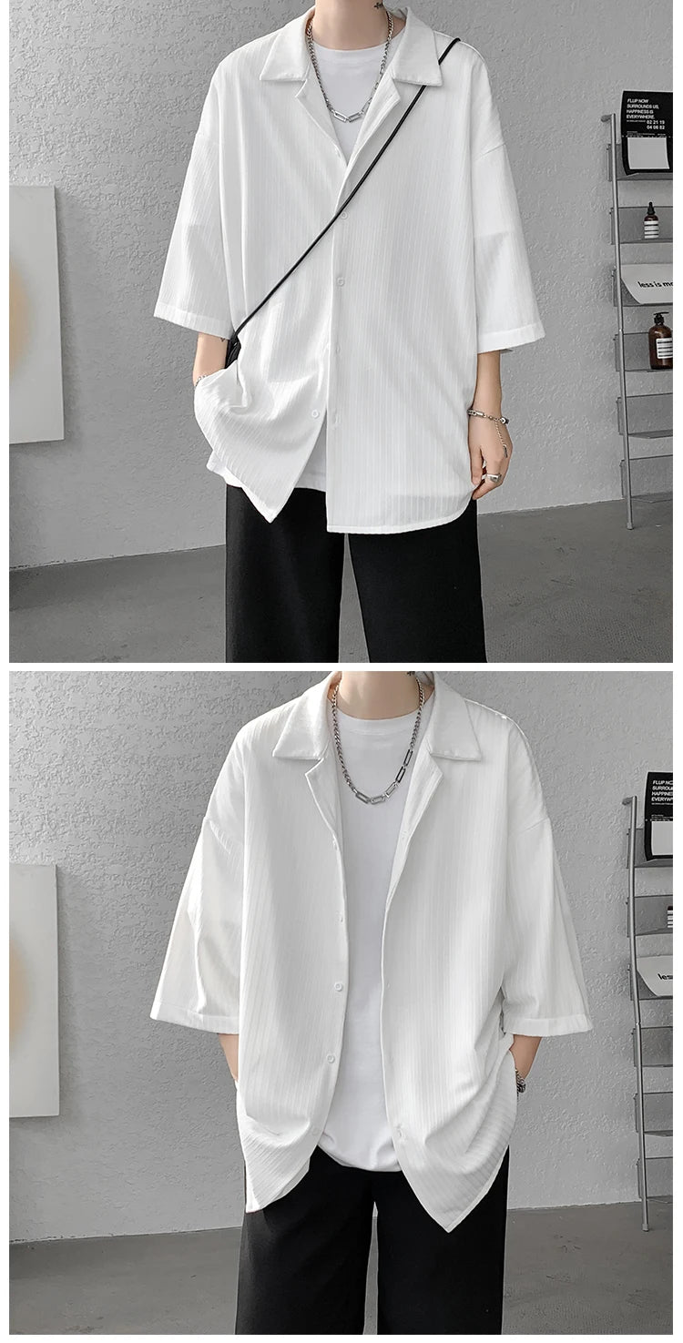 LEGIBLE Spring Summer Solid Shirts Men Casual Oversized Three Quarter Shirts Male Loose Fit Shirt for Man