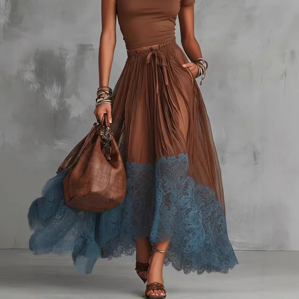 2026 New V Neck Short Sleeve Underwear Top High Waist Lace Spliced Midi Skirt Two Piece Set Women Slim Fit Temperament Outfit