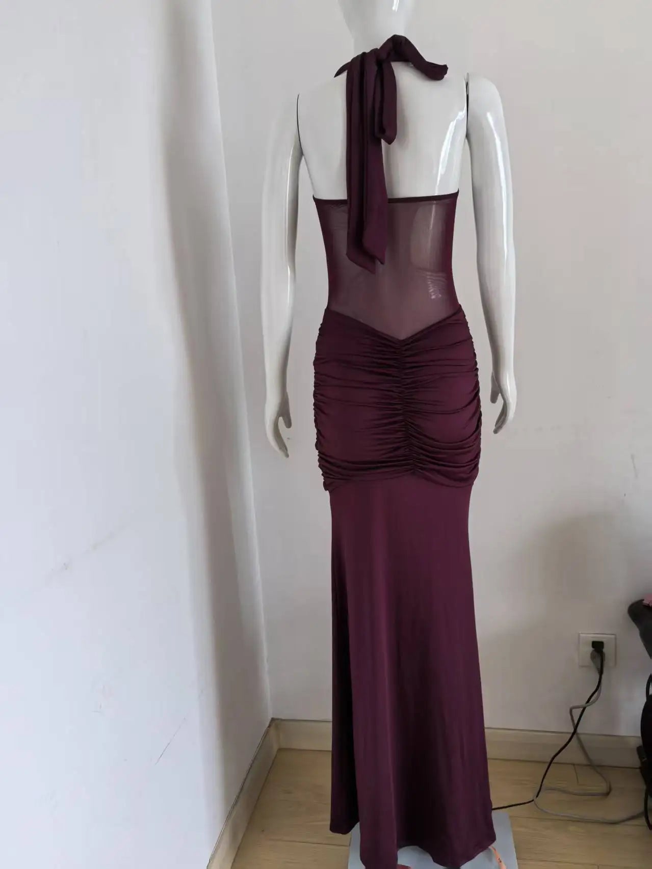 Suninheart Draped Maxi Evening Dress Women Elegant Halter Prom Dresses Wine Formal Occasions Backless Dress Sexy