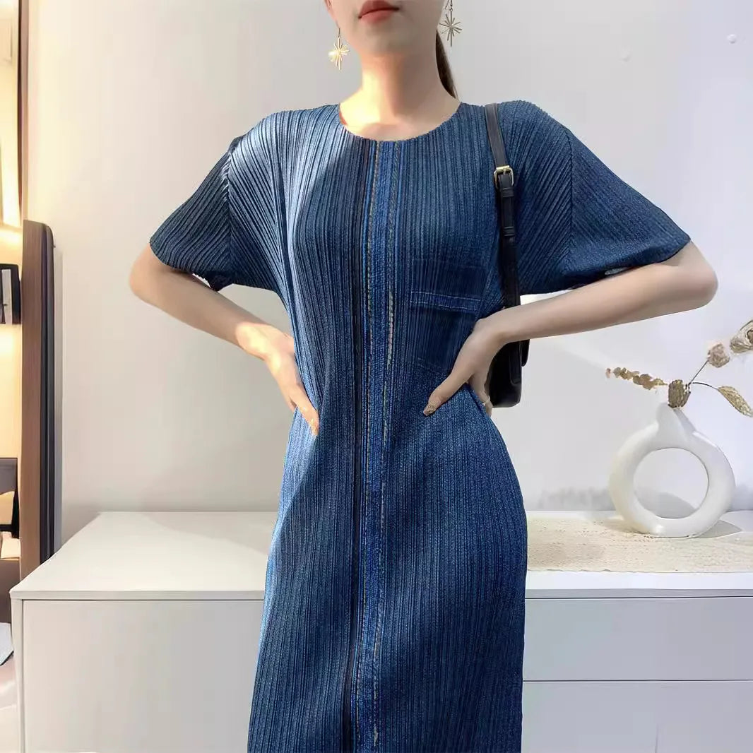 Miyake Pleated Imitation Denim Dress 2025 Summer New Mid-length Slim and Thin Short-sleeved Pleated Skirt