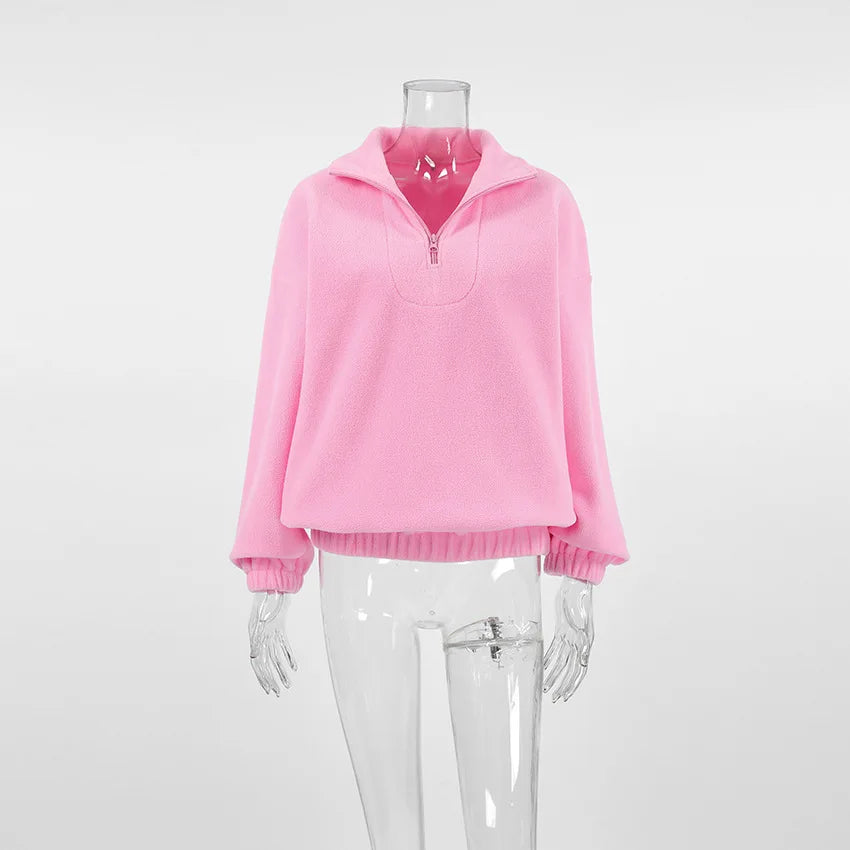 Women Autumn Winter Fleece Hoodies Elegant Stand Collar Zipper Loose Sweatshirt Elegant Solid Pullover Casual Top Streetwear