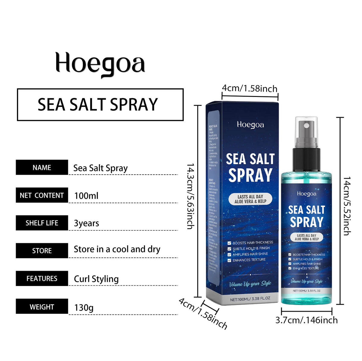 Hoegoa Sea Salt Hair Styling Spray Long Lasting Enhance Curl Moisturizing Lightweight Gentle Ingredient Hair Volume Spray 100ml