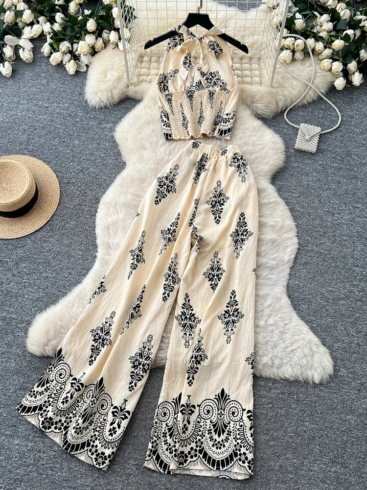 Women's Summer Two Pieces Bohemian Vacation Printed Halter Neck Sleeveless Top High Waist Wide Leg Pants Two-piece Set TP044