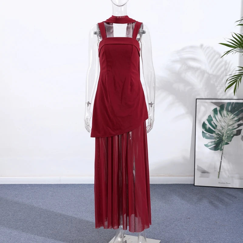 Fashion Ribbon Halter Party Dress Women's Patchwork Sleeveless Square Collar Solid Slim Dresses 2026 Spring New Lady Robes