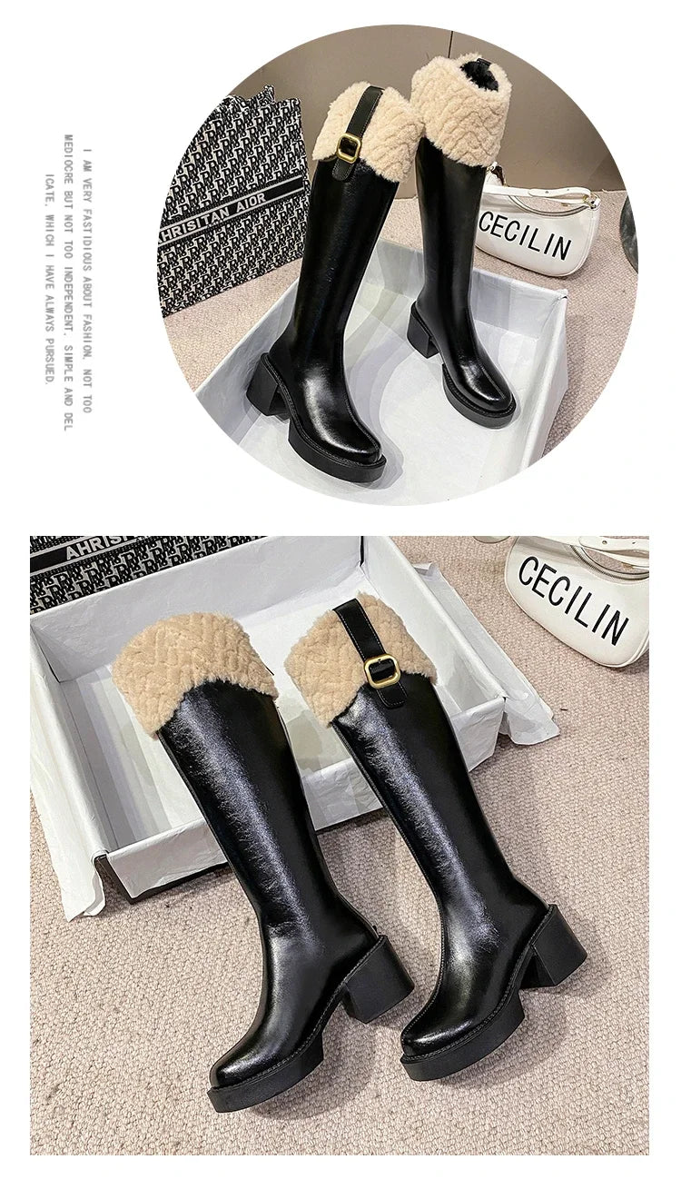 Winter Knee High Brown Long Boots Comfort Square Heel Zip Belt Buckle Platform Boots for Women  Plush Edge Warm Gothic Shoes