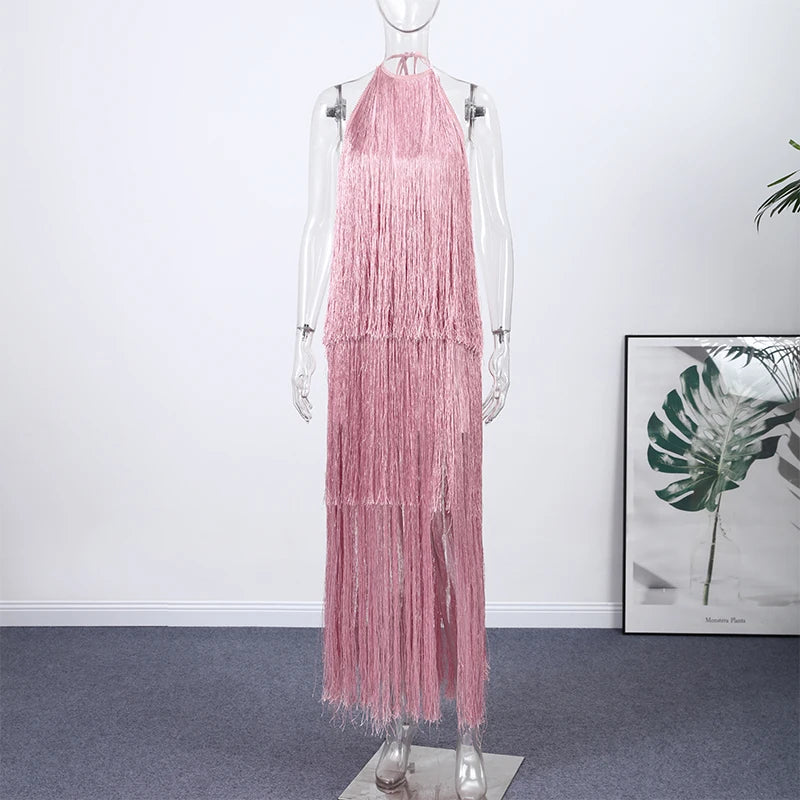 Party Women's Dress Halter Sleeveless Backless Tassel Solid Female Long Holiday Dresses 2026 Summer Fashion Elegant Lady Robe