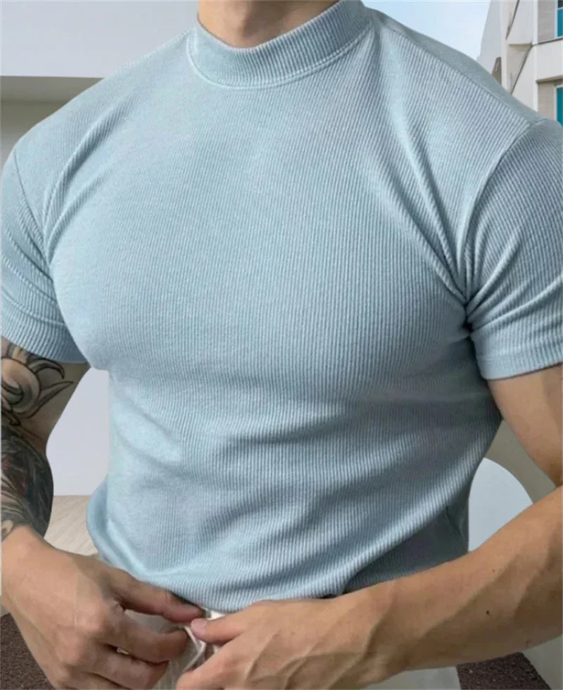 Spring Summer Elastic Comfortable Men's T-Shirt Small High Collar Stripe Shirt Short Sleeve Fitness tops Sports Casual T-Shirt