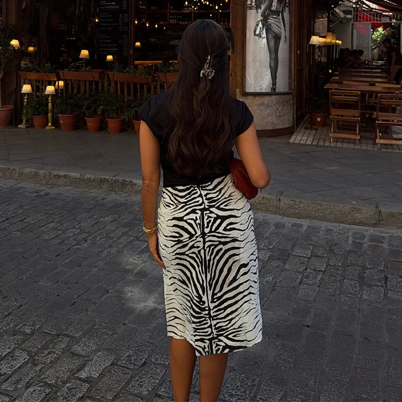 Chic Women Black White Zebra Print Midi Pencil Skirt High Waist Front Split Straight Chic Streetwear 2026 Autumn Summer Bottoms
