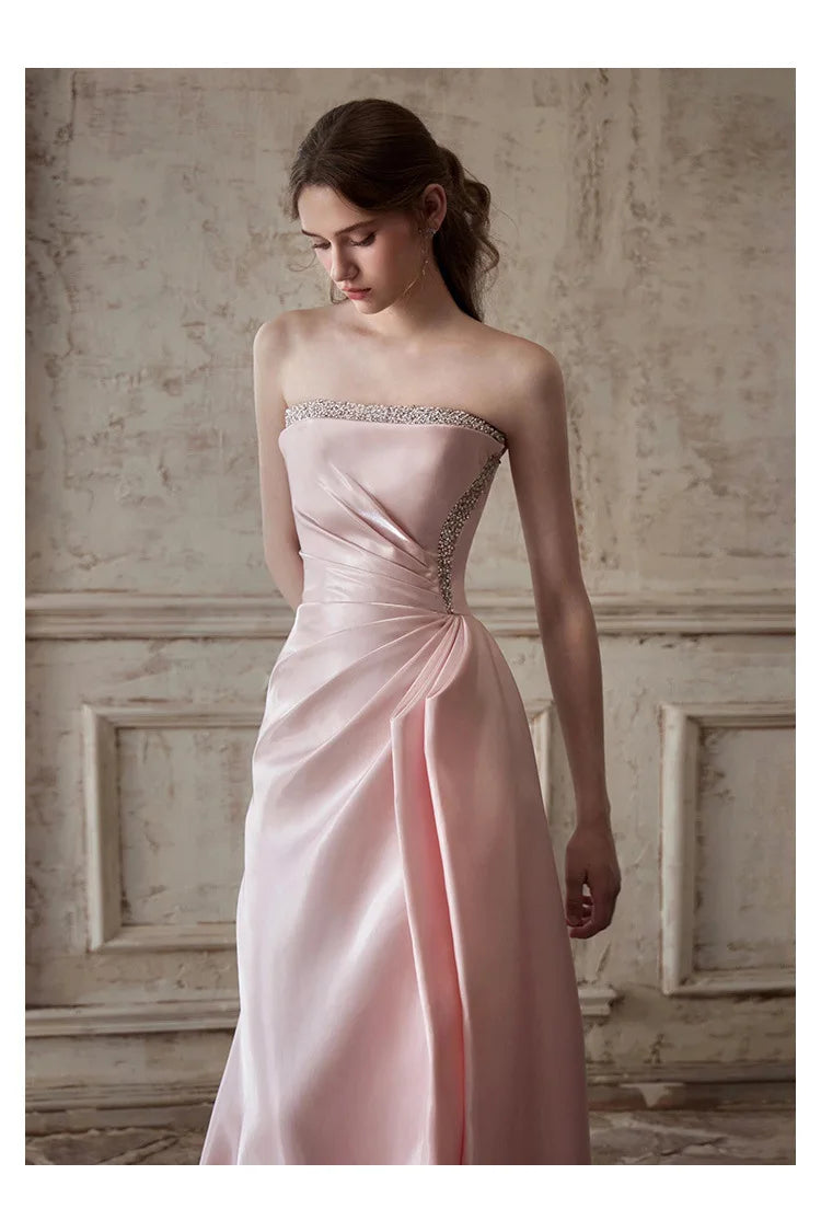 Pink Strapless French Evening Gown 2026 New High-end Annual Meeting Host Engagement Banquet Bride Toast Costume Customization