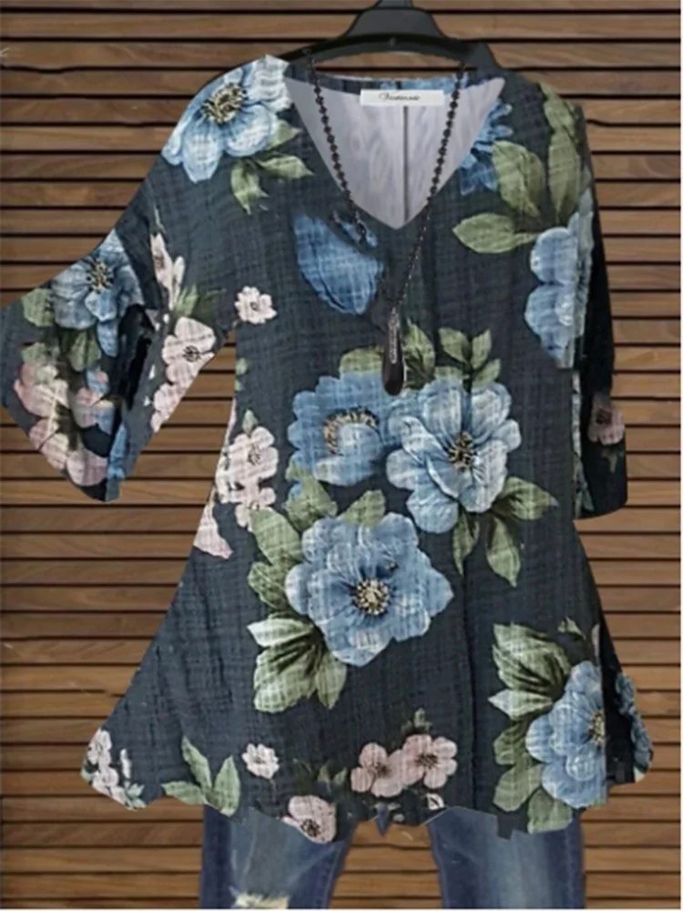 Summer V-Neck Flower Printed Short Sleeve Top Women's Classic Elegant Temperament Commuter T-Shirt