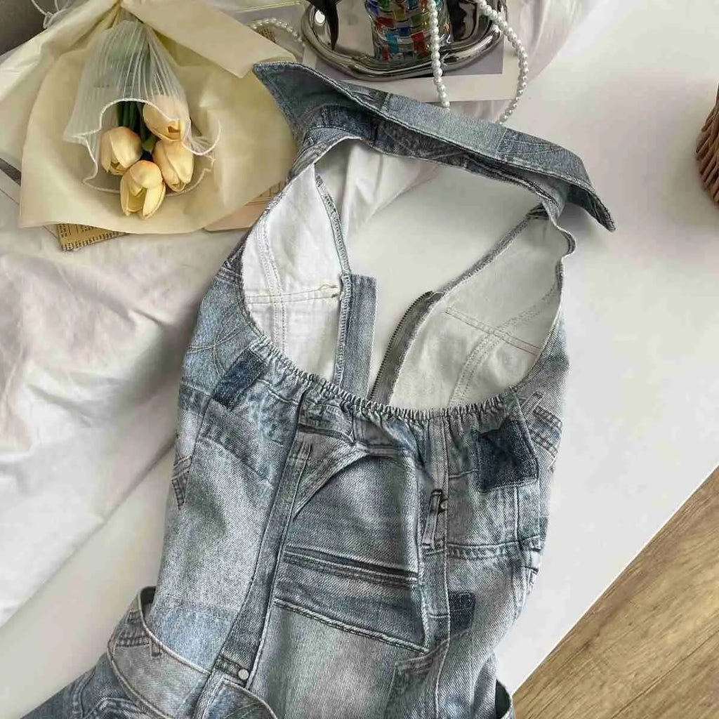 American Denim Waist-cinching Halter Neck Backless Sexy Casual Dress for Women, Distressed Retro Spliced Short Skirt