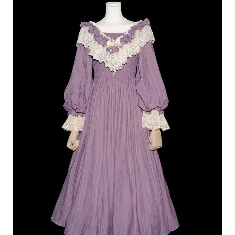 Nicemix Purple Classic Vintage Lantern Sleeve Lolita Dress Spring Lace Spliced Sweet Slimming A-line Dress