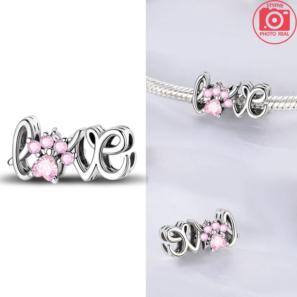 925 Sterling Silver Pink Zircon Love Beads Charms Fit Bracelet Women Jewelry Diy Anniversary Gift Delicate Accessories Bag Charm