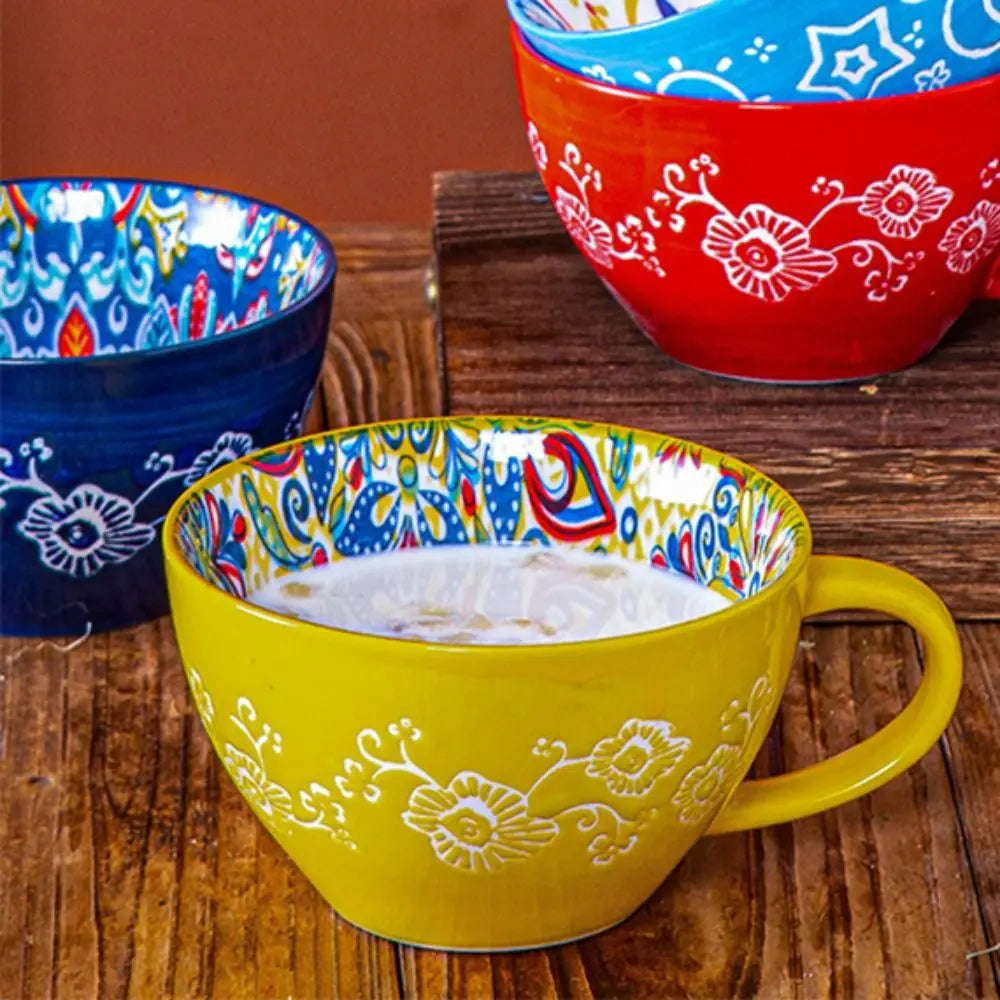 Creative Ceramic Bohemian Breakfast Cup Retro Flower Pattern Coffee Mug Microwaveable Large Capacity Milk Cup Friend Gift