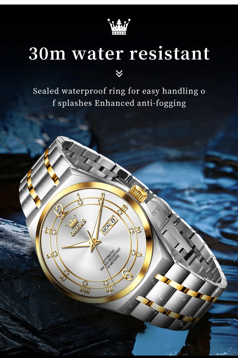 OLEVS 7068 Mens Watch Original Automatic Menchanical Wristwatch Waterproof Luminous For Men Sport Date Dual Calendar Design