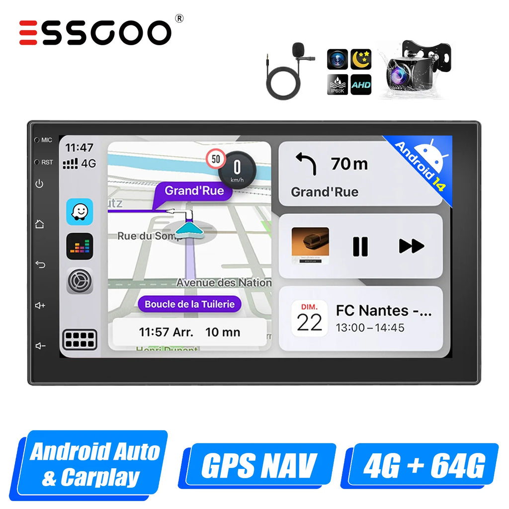 ESSGOO 7"/9"/10“ 2 DIN Android 14 4+64G Car Stereo Carplay Android Auto GPS SAT Navi Bluetooth FM RDS Radio WIFI Touchscreen