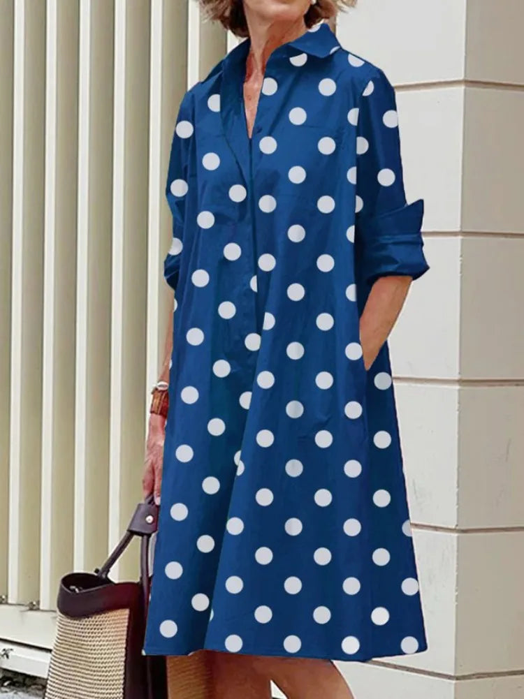 Uoozee Women's Fashion Polka Dot Lapel Shirt Dress 2026 New Spring Long Sleeves Loose Elegant Urban Casual Office Midi Dresses