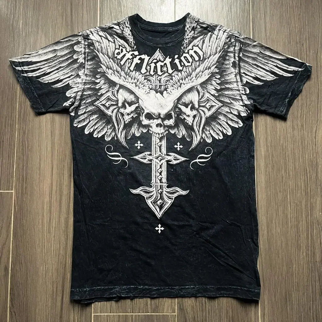 Affliction High Street Y2K Mens T shirt Retro Graphic Print Oversized T Shirt Harajuku Gothic Cotton Short Sleeve Tops New