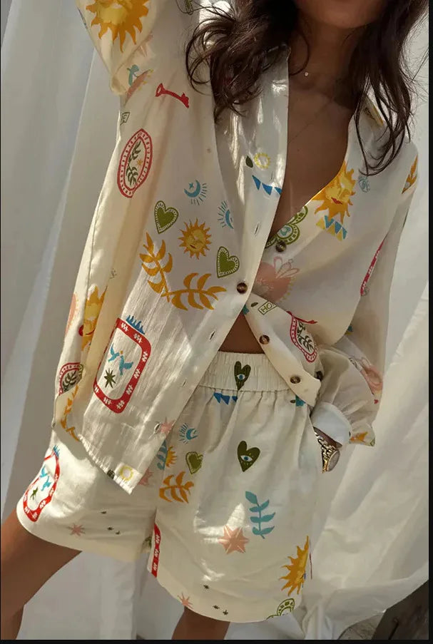 Fashion Print Beach Holiday 2 Piece Set Women Summer Short Sleeve Shirt Top Wide Legs Shorts Women's Oversize Two Piece Outfit