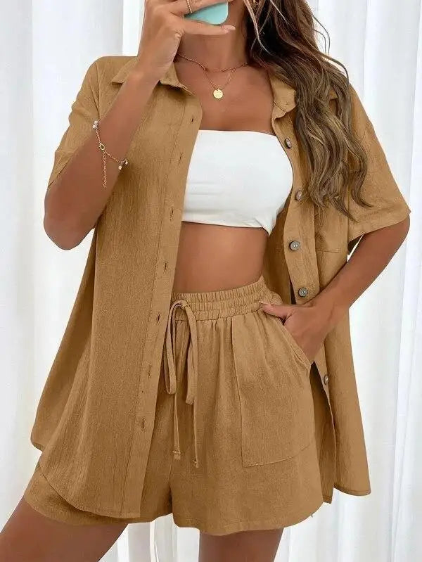 Solid Color Single Breasted Top Casual Loose Short Pants Sets Women Summer Women's 2 Pieces Suit Full Set Female Outfit Clothes