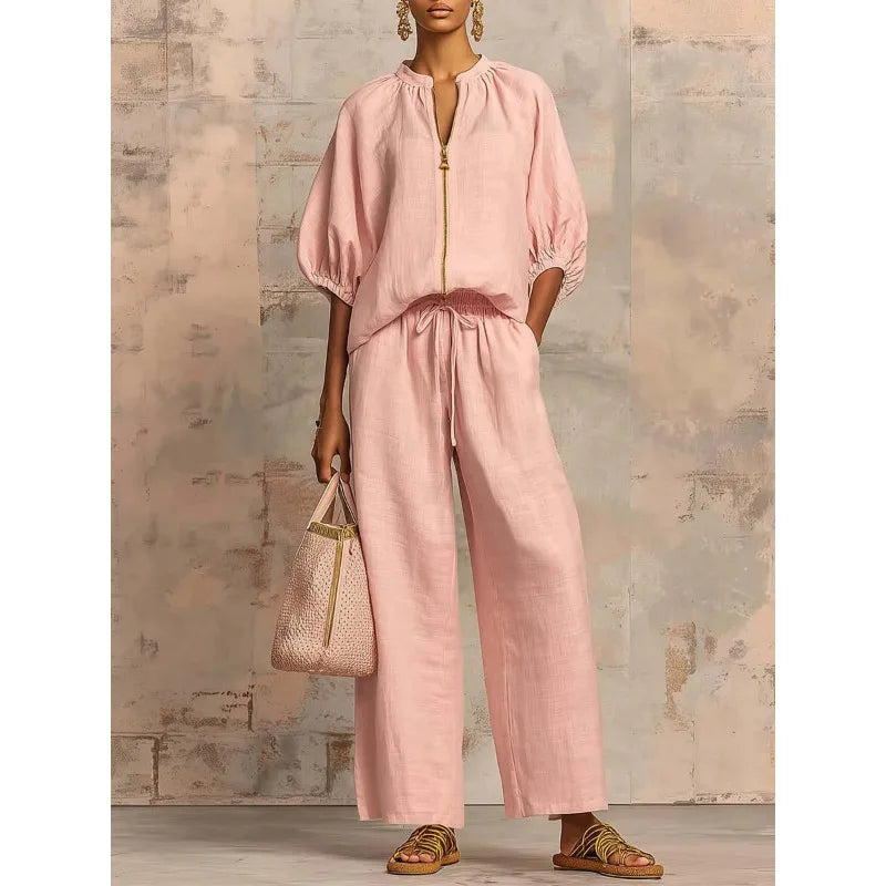 Summer Casual Women Two Piece Set Zipper Half Sleeve High Waist Round Neck Drawstring Pants Suit Women Loose Long Pants Suit