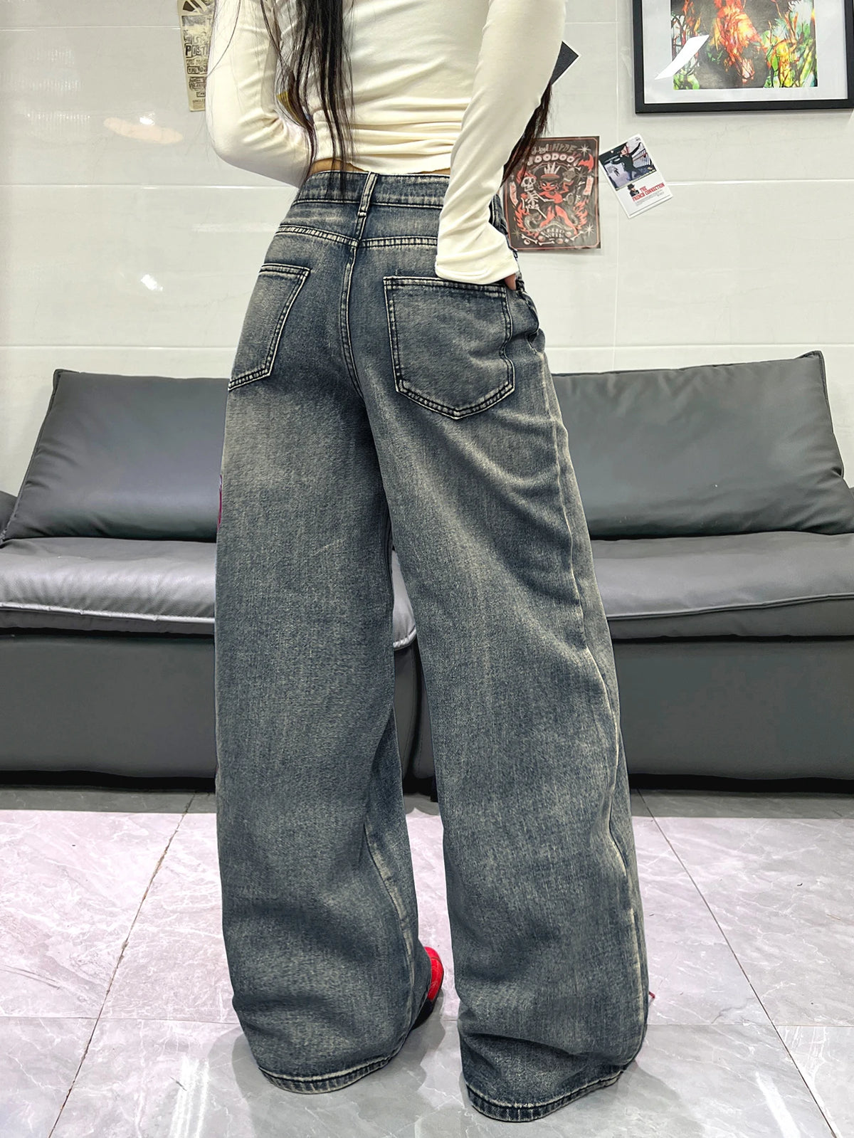 Women Spring Autumn Mid Waist Wide Leg Y2K Streetwear Jeans Side Totem Embroidery Washed Denim Daily Street Pants