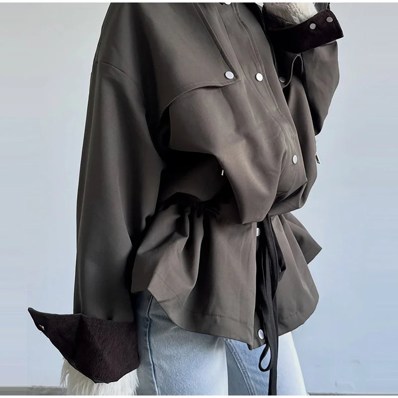 Lapel Women's Outerwear Waist Cinching Belted Jacket Drop Shoulder Cropped Cargo Trench Coat Meilaid Style Daily Fashion Wear