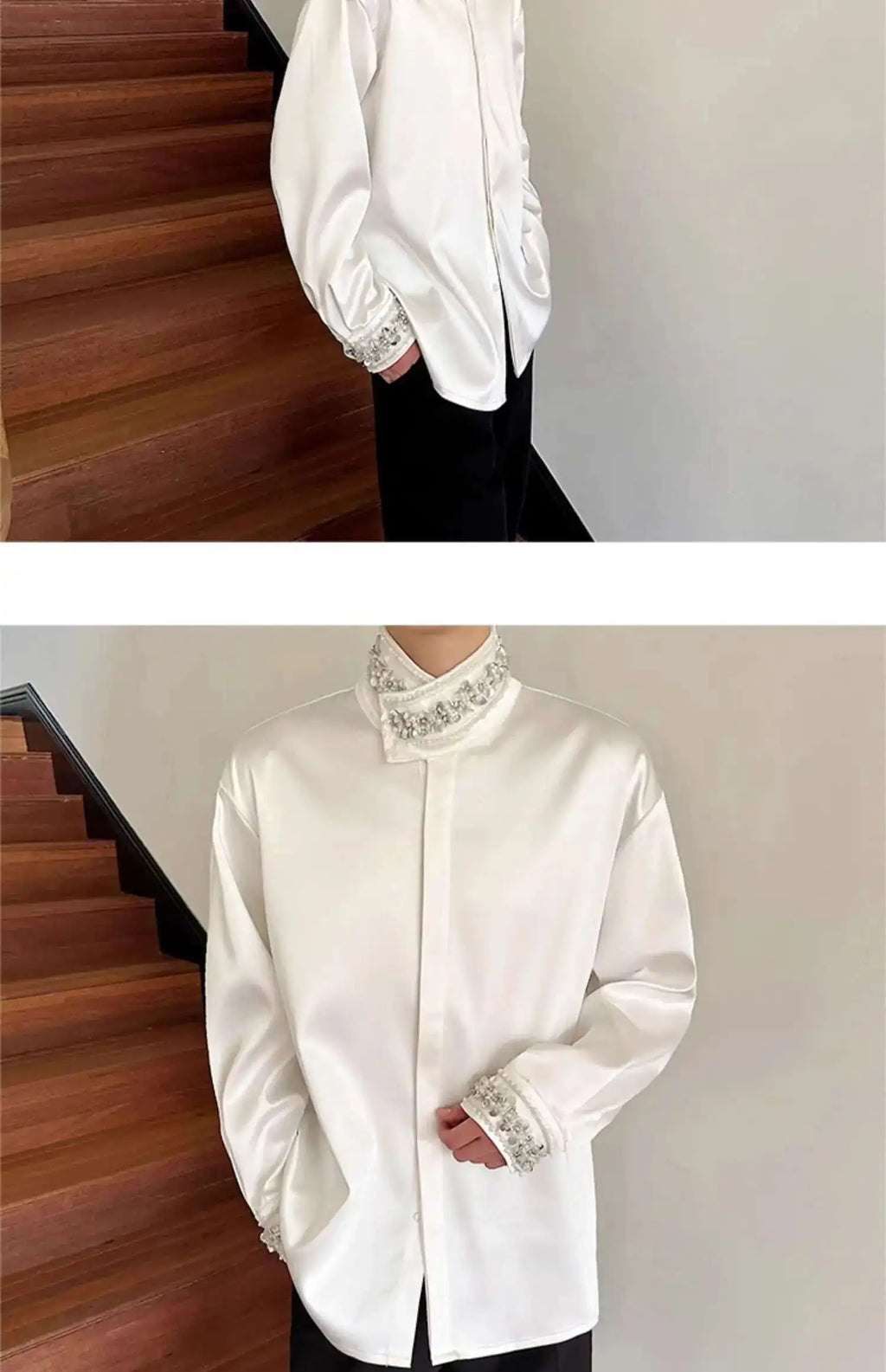 PFHQ Diamond Decoration Satin Long Sleeve Male Shirts Stand Collar Solid Color Single Breasted Men's Wear 2025 New Fashion9C7199