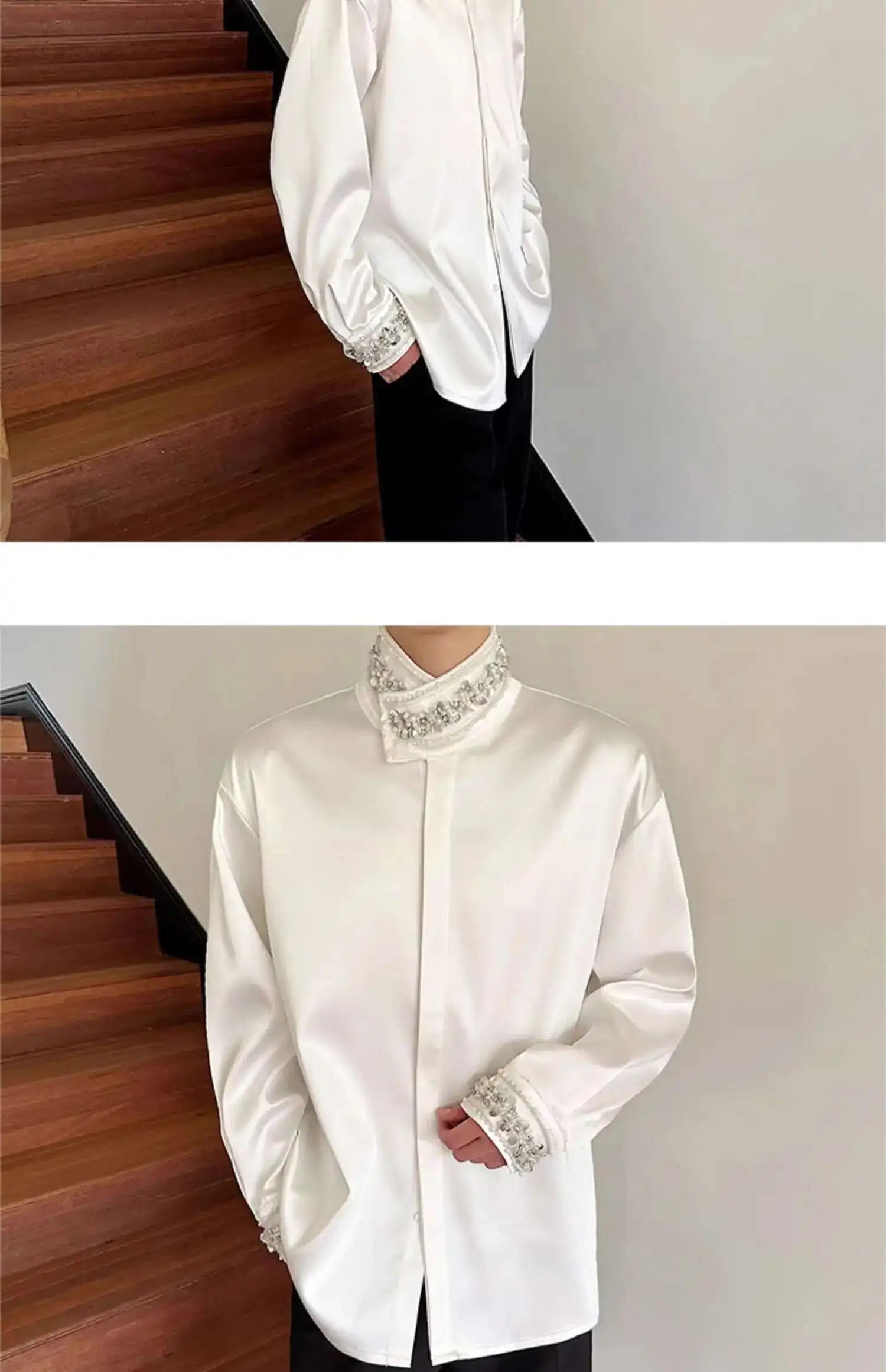 PFHQ Diamond Decoration Satin Long Sleeve Male Shirts Stand Collar Solid Color Single Breasted Men's Wear 2025 New Fashion9C7199