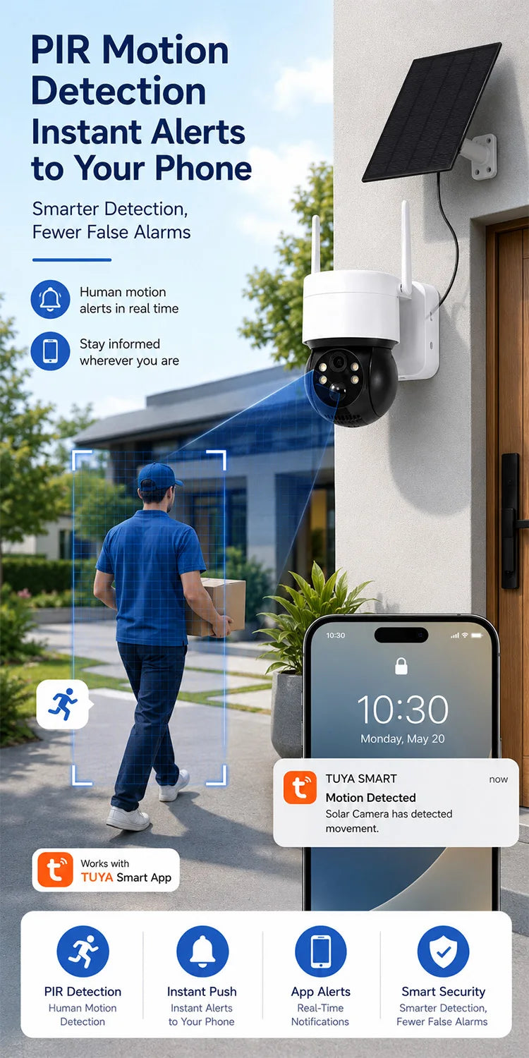 Solar WiFi Camera 3MP TUYA Smart Outdoor PTZ Security Camera Solar Powered 2-Way Audio Full Color Night Vision PIR Alerts IP66