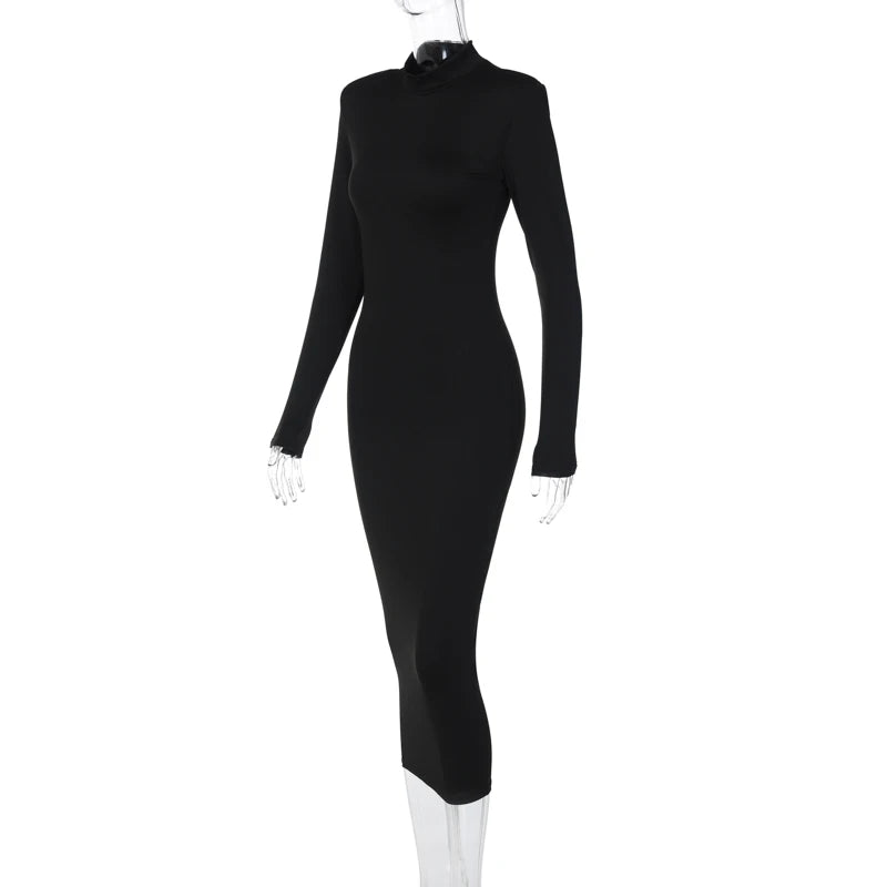 Hugcitar Women Fashion Turtleneck Long Sleeves Black Sexy Bodycon Maxi Prom Dress Fall Casual Clothes Streetwear Party Festival