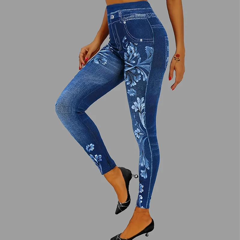 Women's Elegant Printed Faux Denim Leggings