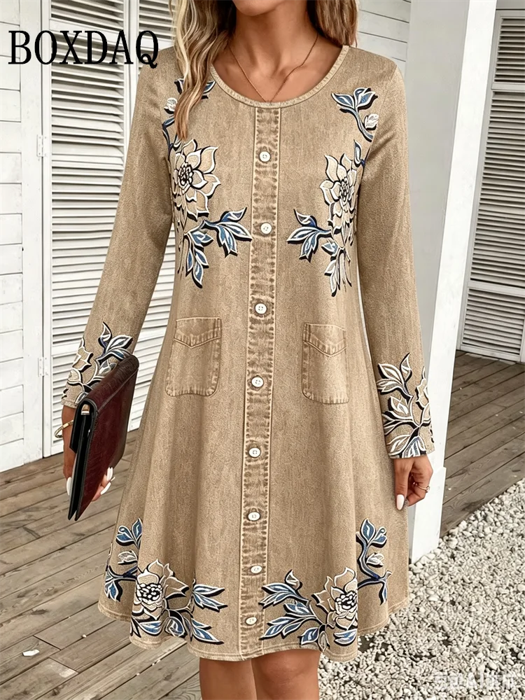2026 Women's Casual Floral Imitation Denim 3D Print Dress Fashion Round Neck Autumn Loose A-Line Dress Long Sleeve Women's Dress
