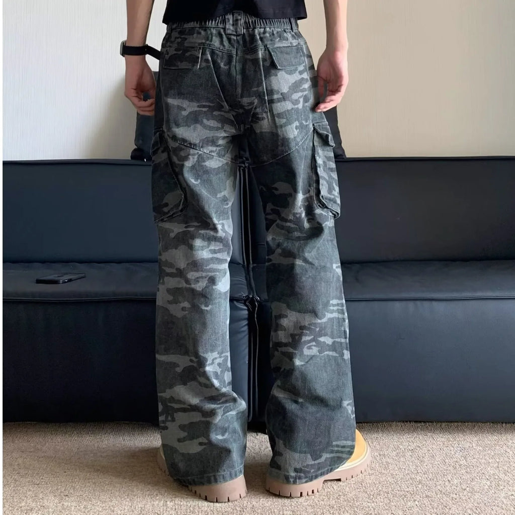 Summer Large Size American Retro Camouflage Work Pants Men's Loose Straight Leg Jeans with Diagonal Pockets Casual Long Trousers
