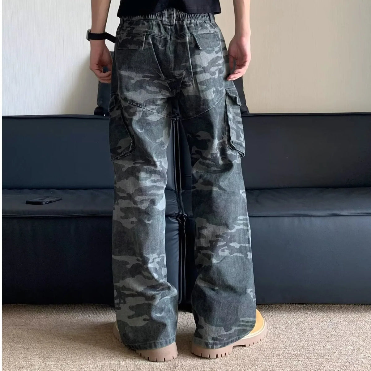 Summer Large Size American Retro Camouflage Work Pants Men's Loose Straight Leg Jeans with Diagonal Pockets Casual Long Trousers