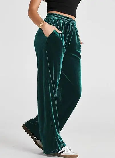 Women's High Waist Velvet Wide Leg Pants Drawstring Elastic Waist Loose Casual Trousers Autumn Winter Solid Color Long Pants B