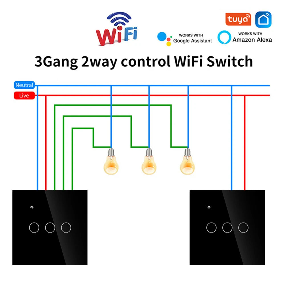 Wifi Smart  2way Switch 1gang 2gang 3gang Two Way Wall Touch Switch Voice and Smart Life TUYA APP Control For Stairs Corridors