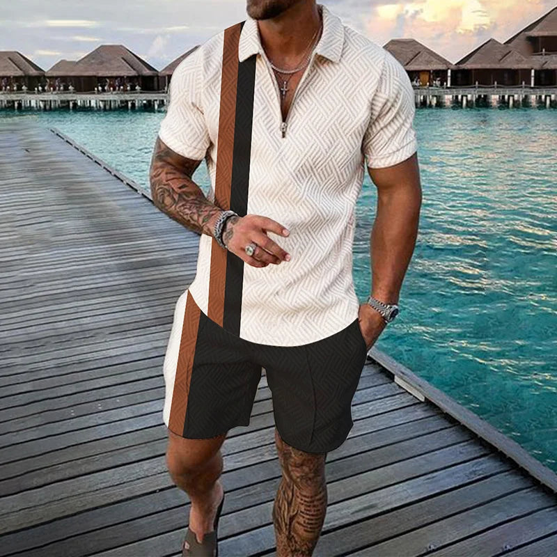 Men Zipper Polo Shirt Suit 2 Pcs Tracksuit Summer 3D Print Beach Boho Geometric Style Holiday Clothing Ensembles De Sport
