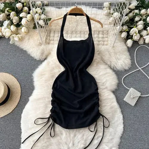 2024 Fashion Y2K Solid Knitted Women Dress Sexy Halter Backless Slim Elastic Bodycon Summer Short MiniDress Streetwear Vestidos