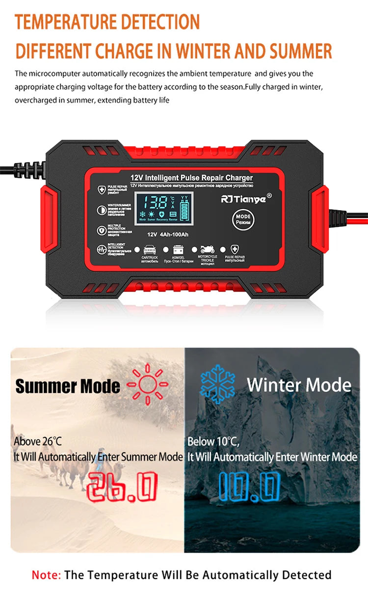 Car Battery Charger 12V 6A Touch Screen Pulse Repair LCD Fast Power Charging Wet Dry Lead Acid Digital LCD Display