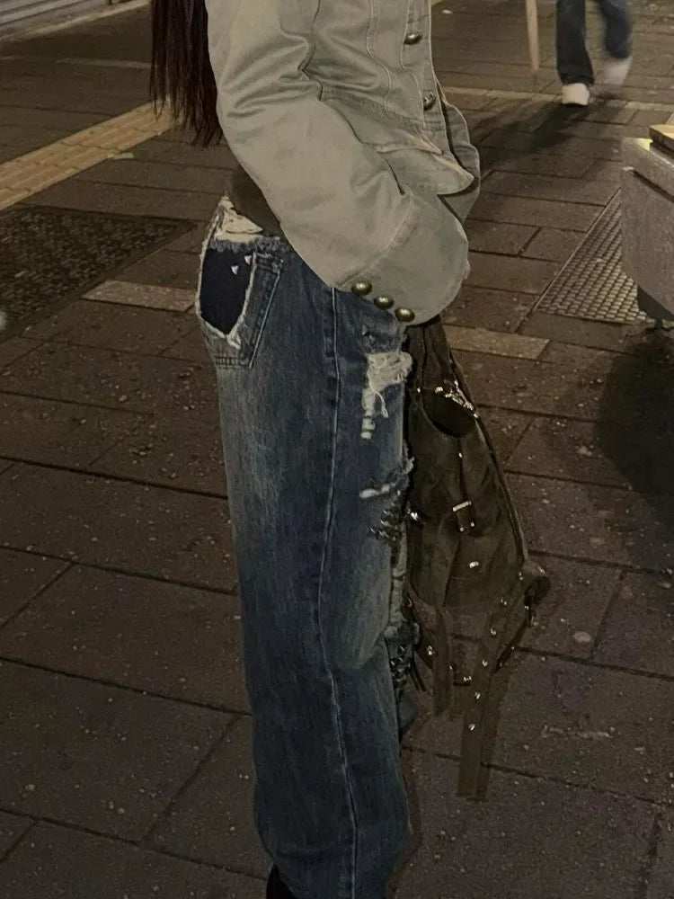 American Vintage Streetwear Full-Length Jeans Distressed Women Casual Y2k Grunge Retro Ripped Bodycon Denim Pants Hot Girl