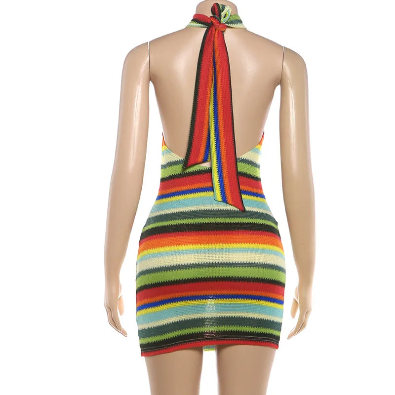 Cryptographic Striped Knit Halter Mini Dress Colorful Contrast Sleeveless Backless Summer Casual Clubwear Bodycon Short Dresses